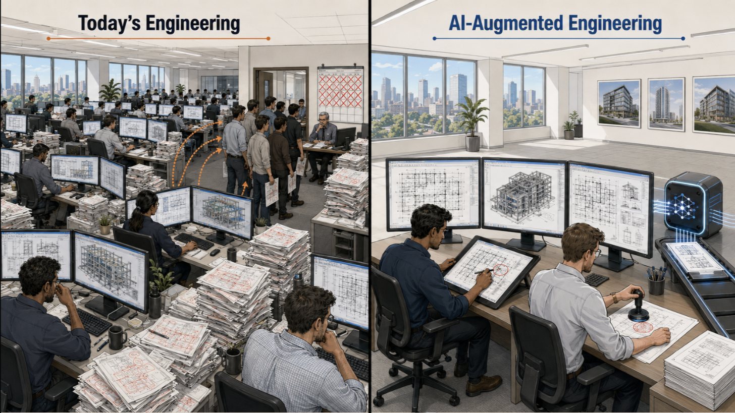 Two-panel illustration of the same modern engineering office. Left, headed Today's Engineering: dozens of engineers packed at CAD workstations behind towering stacks of printed check sets, a queue of people waiting at one senior reviewer's desk, and a wall calendar with weeks crossed off. Right, headed AI-Augmented Engineering: the same room nearly empty, two engineers at a single desk reviewing a complete AI-produced drawing set on three monitors — one circling a flagged exception in red on a tablet, the other pressing a professional engineer's seal onto a sheet.